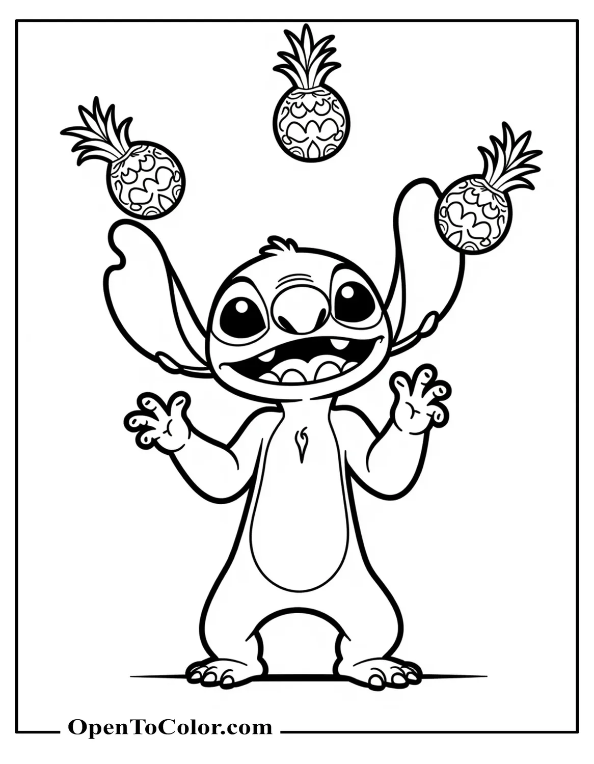 Stitch juggling three tropical fruits with playful cartoon energy coloring page PDF