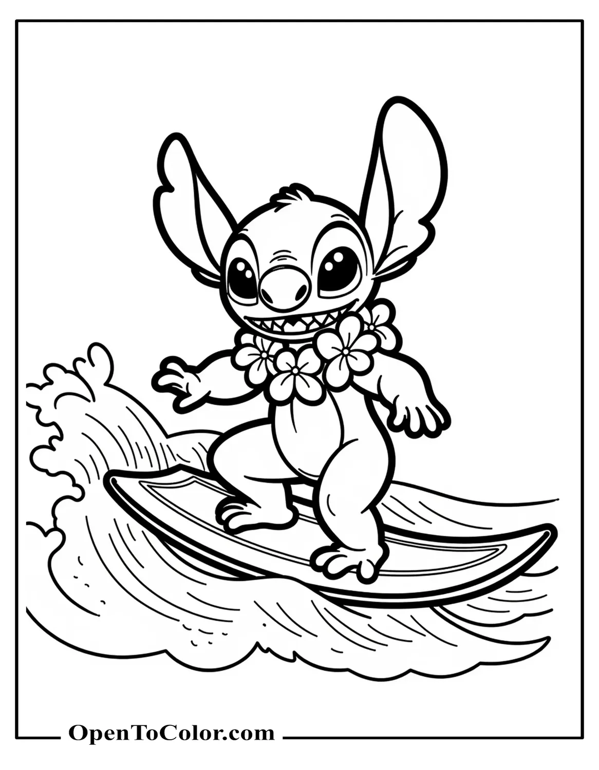 Stitch surfing a gentle wave while wearing a flower lei, cartoon style, printable coloring sheet.