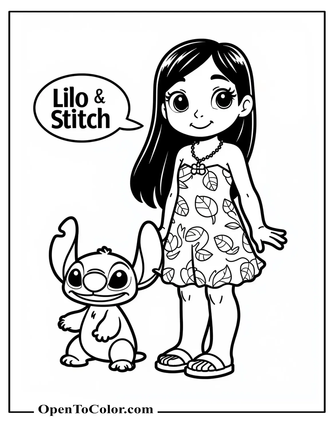 Lilo Pelekai standing beside Stitch and smiling, printable coloring sheet.