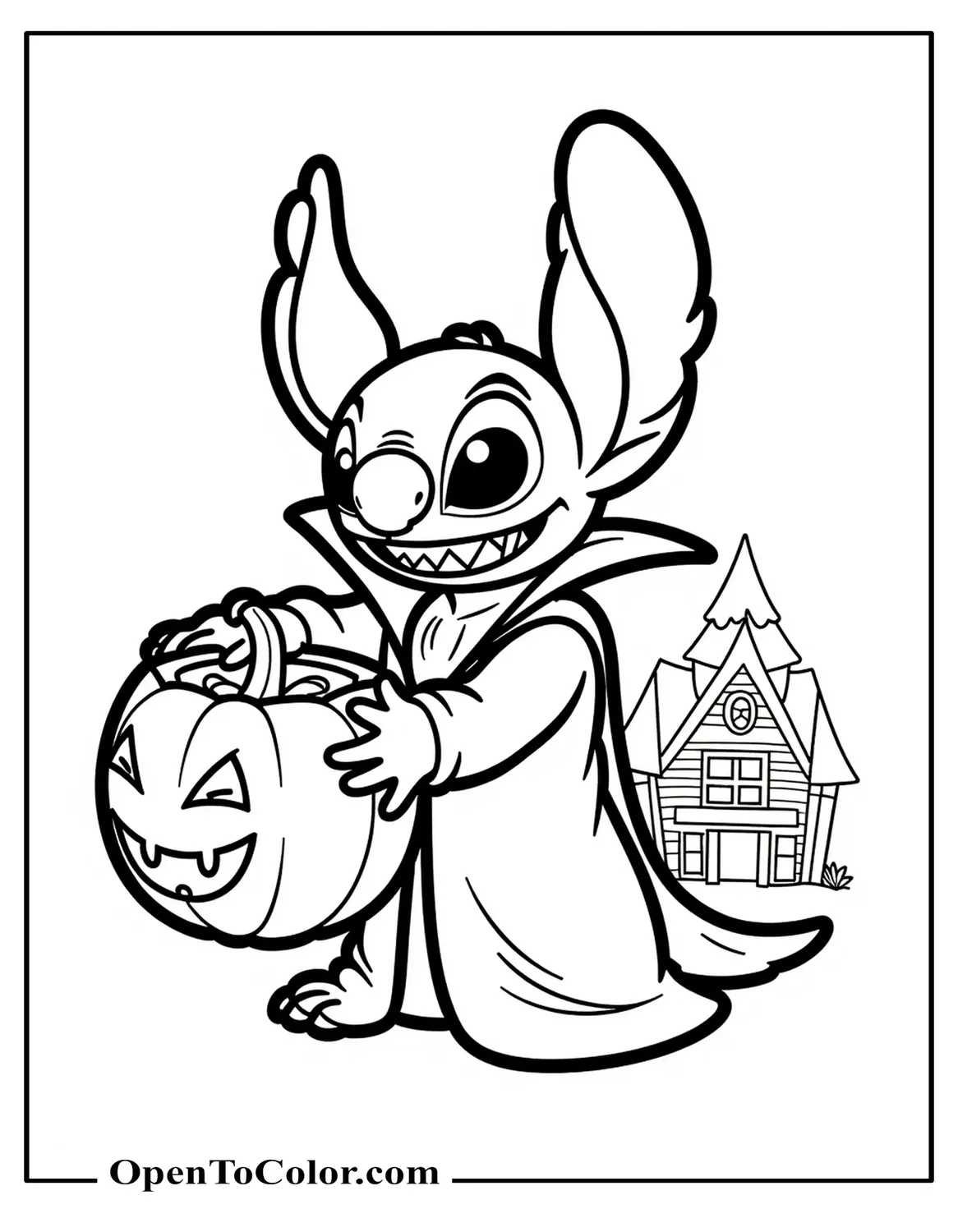 Printable Coloring Sheet of Stitch Dressed as a Vampire Holding a Trick-Or-Treat Pumpkin, Haunted House Silhouette Behind Him