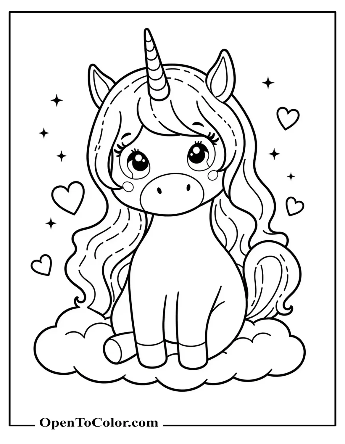Free Coloring Page of Unicorn with Stars and Hearts in Lisa Frank Style