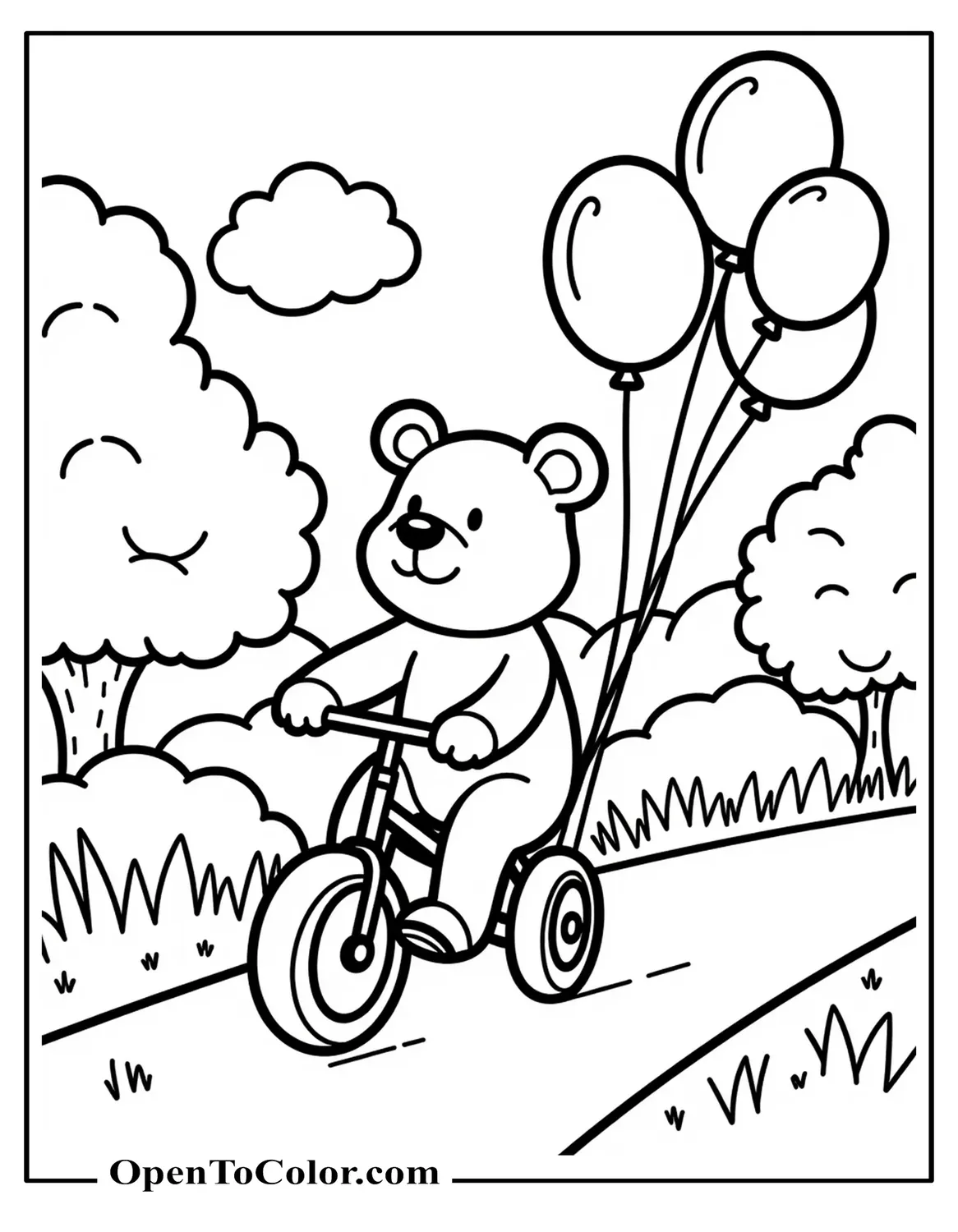 Small bear riding a tricycle down a park path with balloons tied on, printable coloring page.