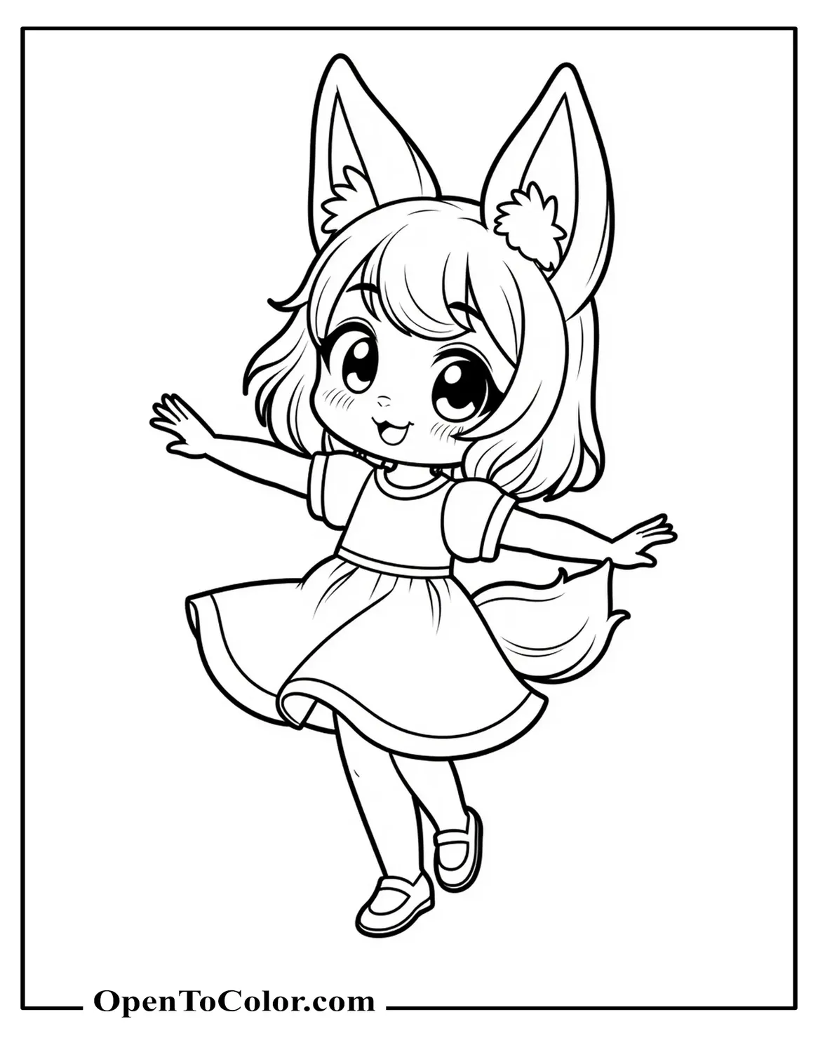 Free Coloring Page of Baby Anime Girl with Fox Ears and Tail Wearing a Dress Twirling