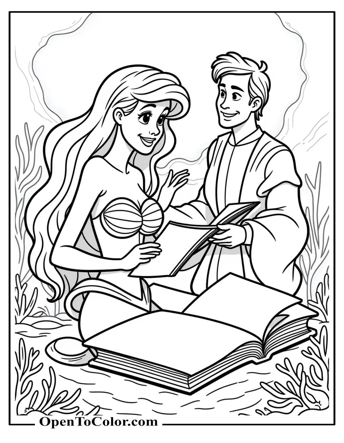 Free Storybook Scene Coloring Sheet Of Ariel Leafing Through A Giant Underwater Spellbook While Sebastian Holds The Quill