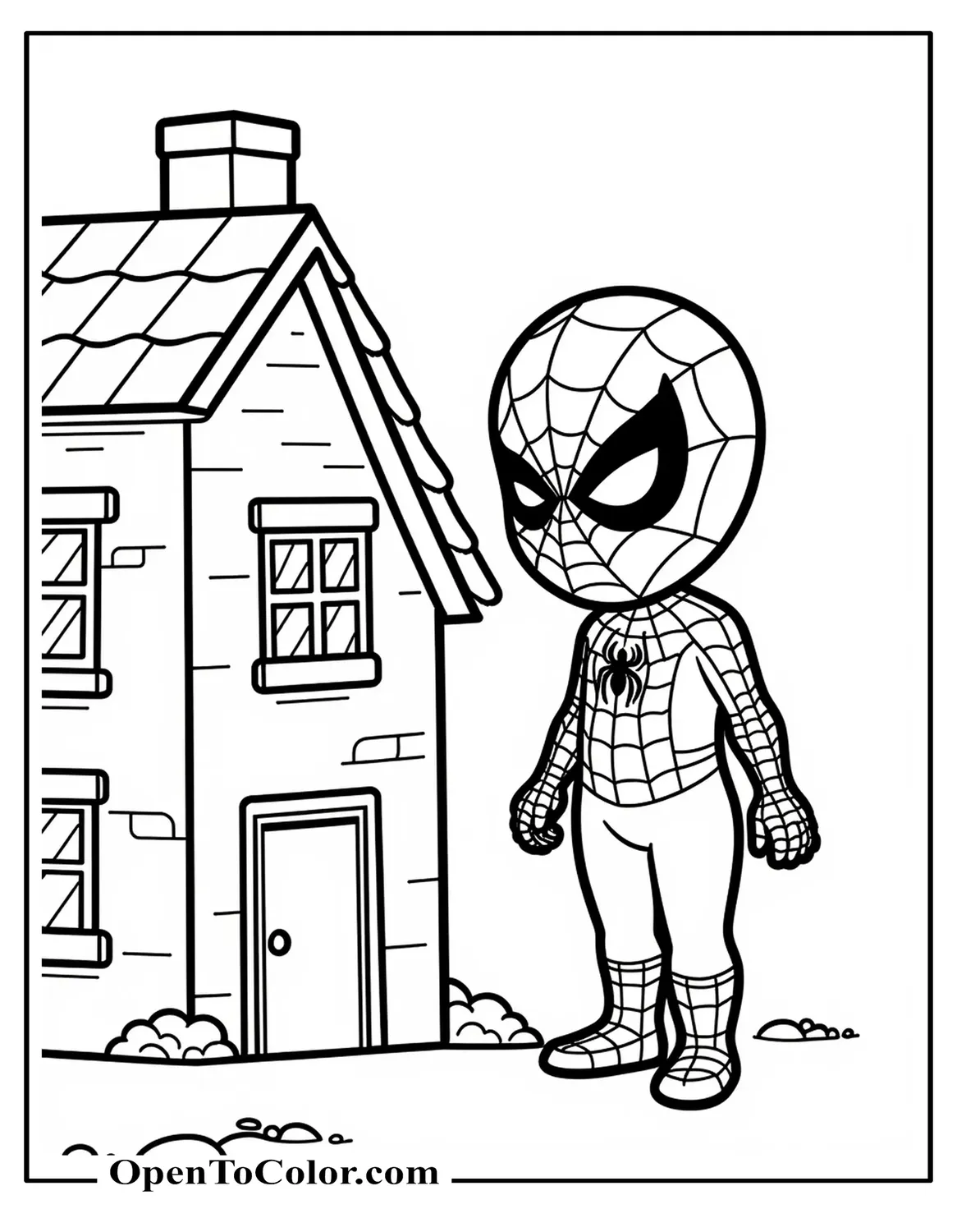 Free Coloring Sheet of Small Spiderman Next to Toy Building