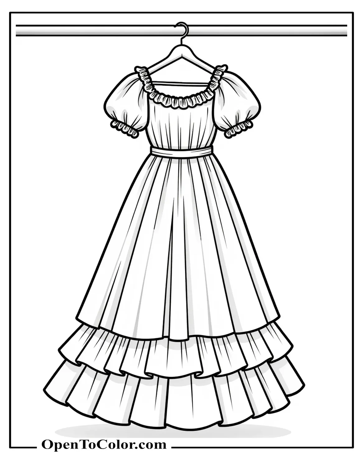 Printable Coloring Page of Long Dress with Puff Sleeves and Layered Skirt Hanging on Wardrobe Hook, Clean Outlines