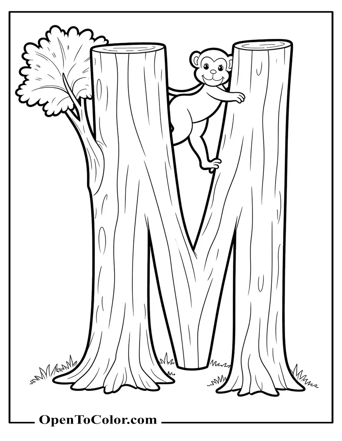 Big Letter M Tree Trunk With Monkey Peeking Around Coloring Sheet PDF