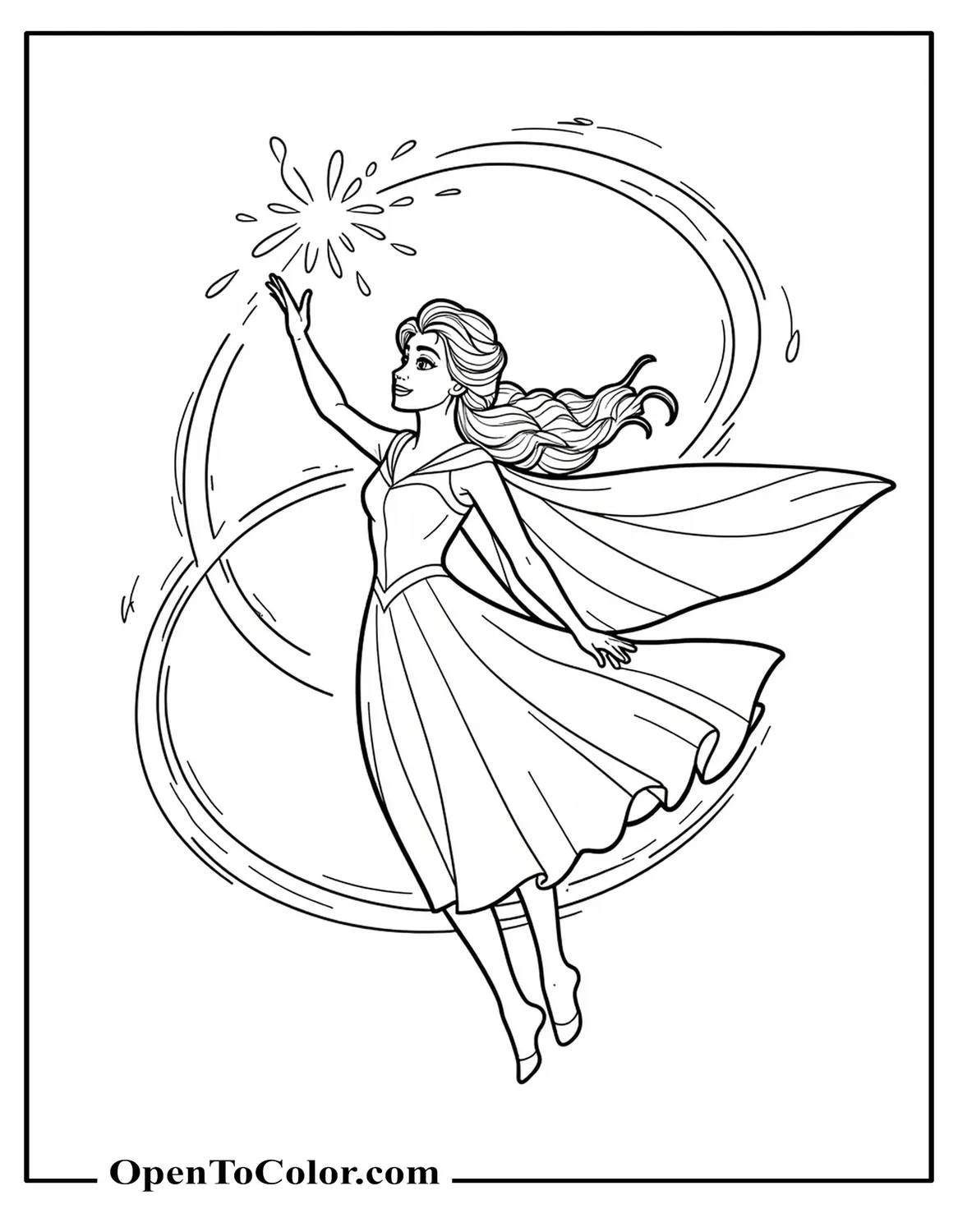 Elsa hovering mid-air casting sparkling snow spiral, magical aura, coloring sheet, printable.