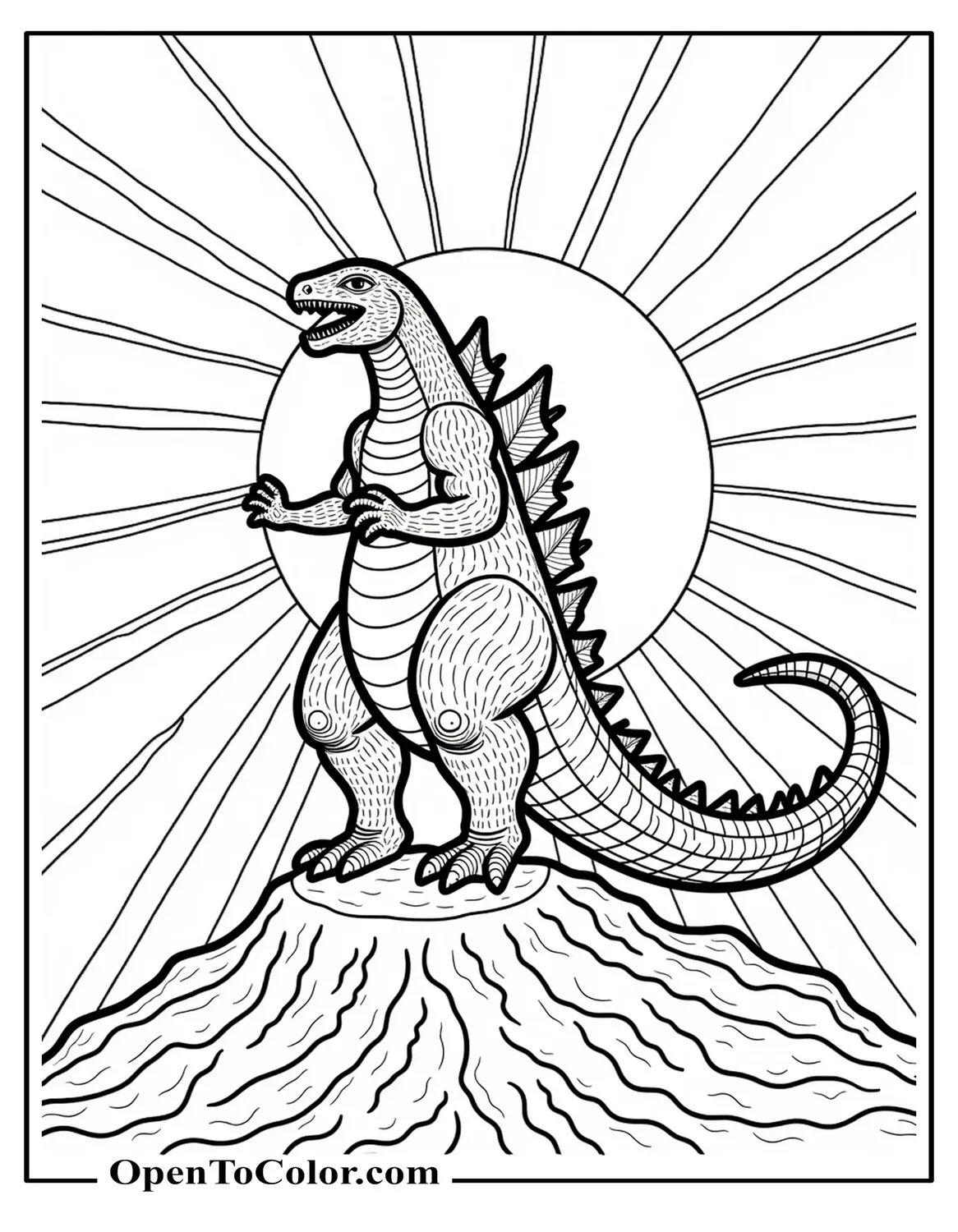 Printable Funko Pop Godzilla coloring page posing for a selfie with a helicopter cameraman