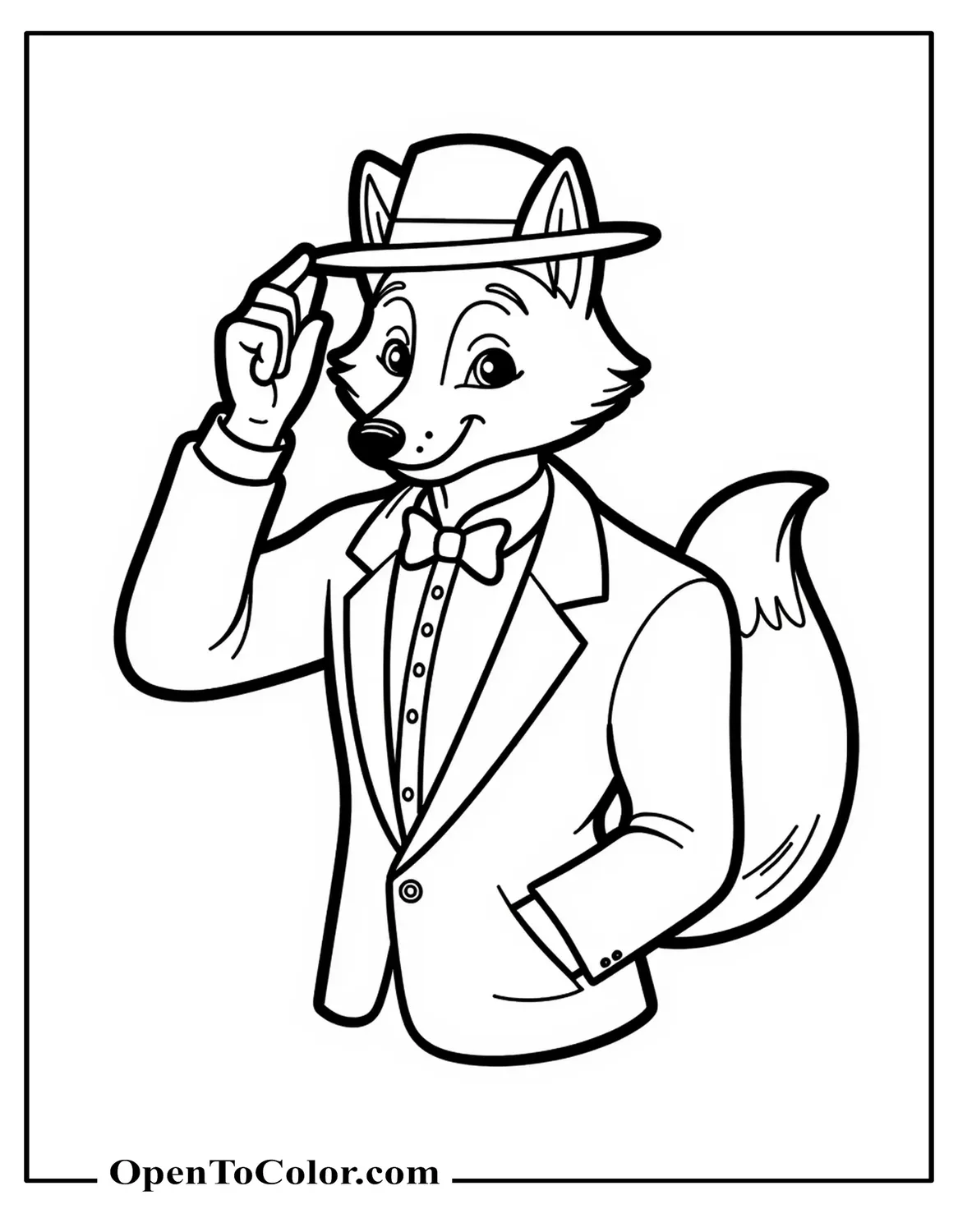 Free Coloring Sheet of a Male Fox Wearing a Bow Tie Tipping His Hat