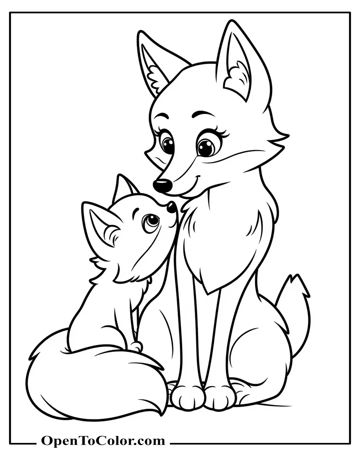 Mama Fox Nuzzling A Baby Cub Coloring Page Printable