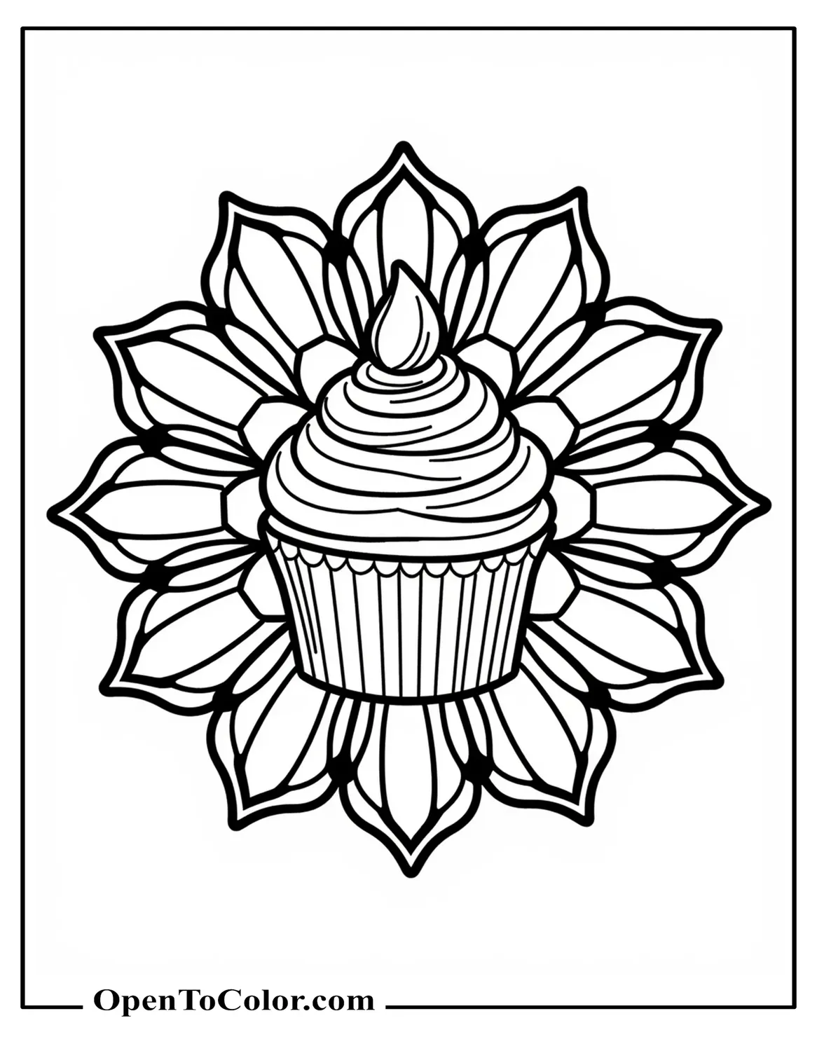 Free Coloring Sheet: Cupcake Centered Inside Floral Mandala Petals Intricate Design