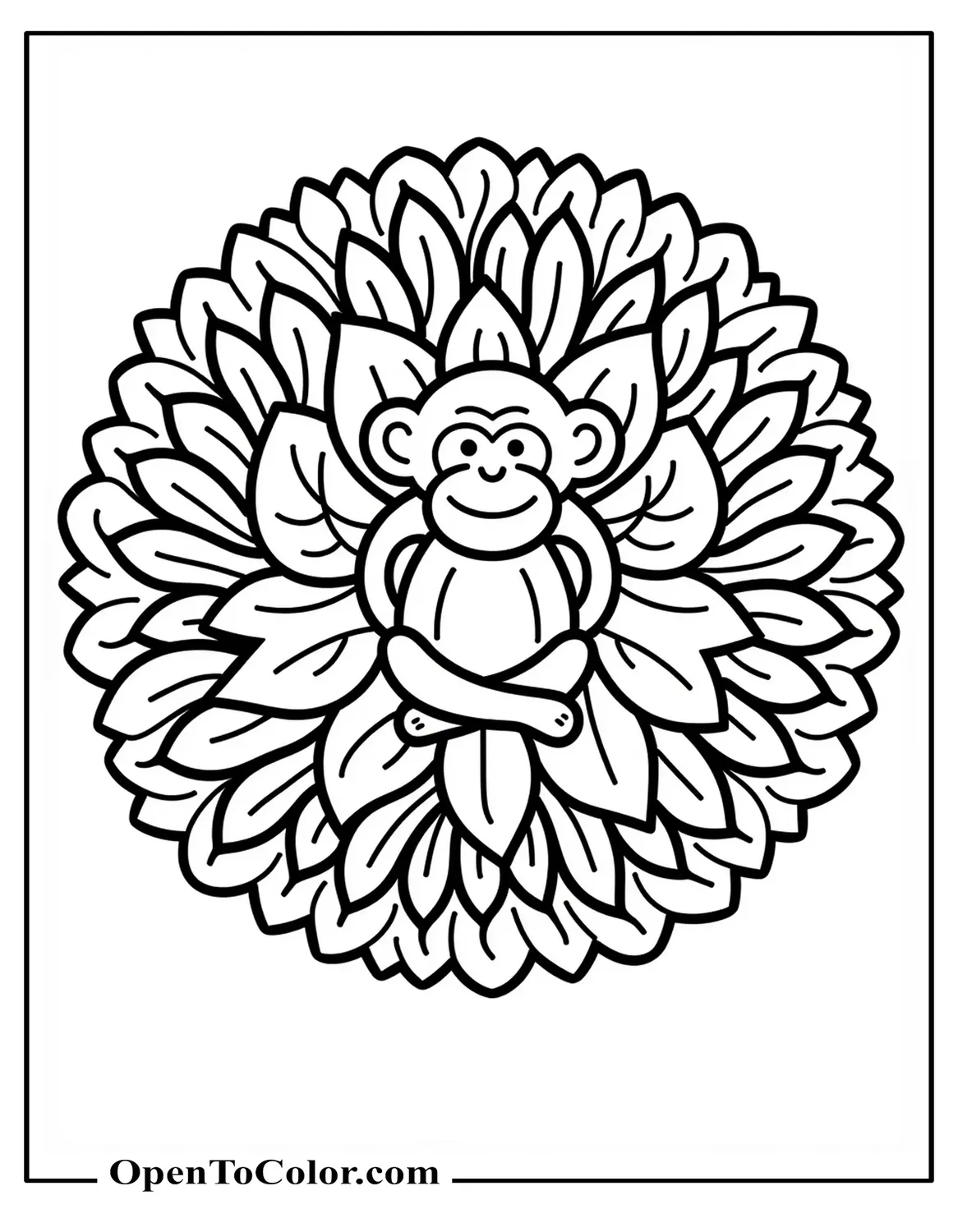 Printable Coloring Sheet of Mandala Pattern Featuring Seated Monkey at Center Surrounded by Leaves