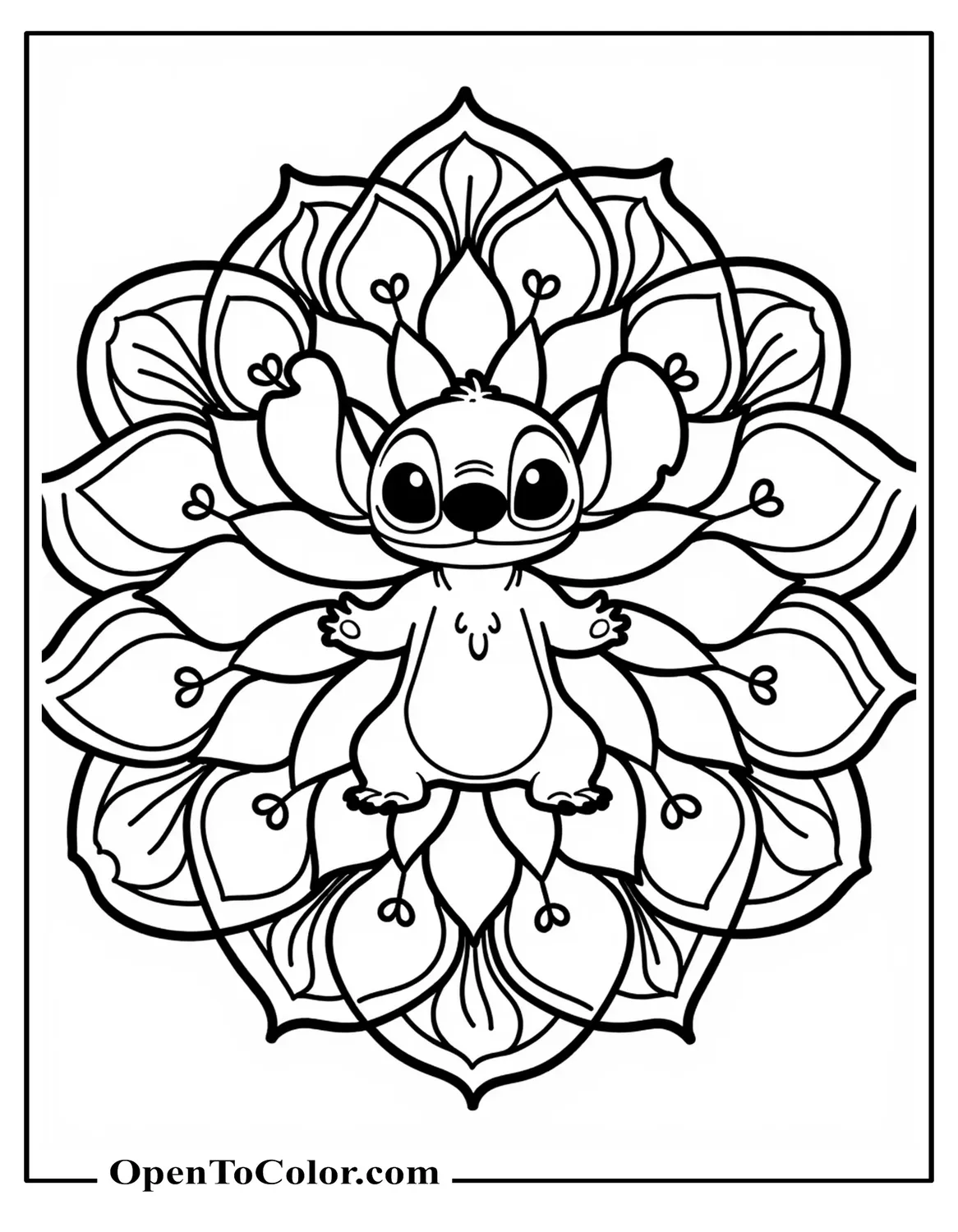 Ornate Mandala Composed Of Seashell Shapes, With The Outline Of Stitch (Experiment 626) From Lilo & Stitch As A Centerpiece, Printable Coloring Sheet