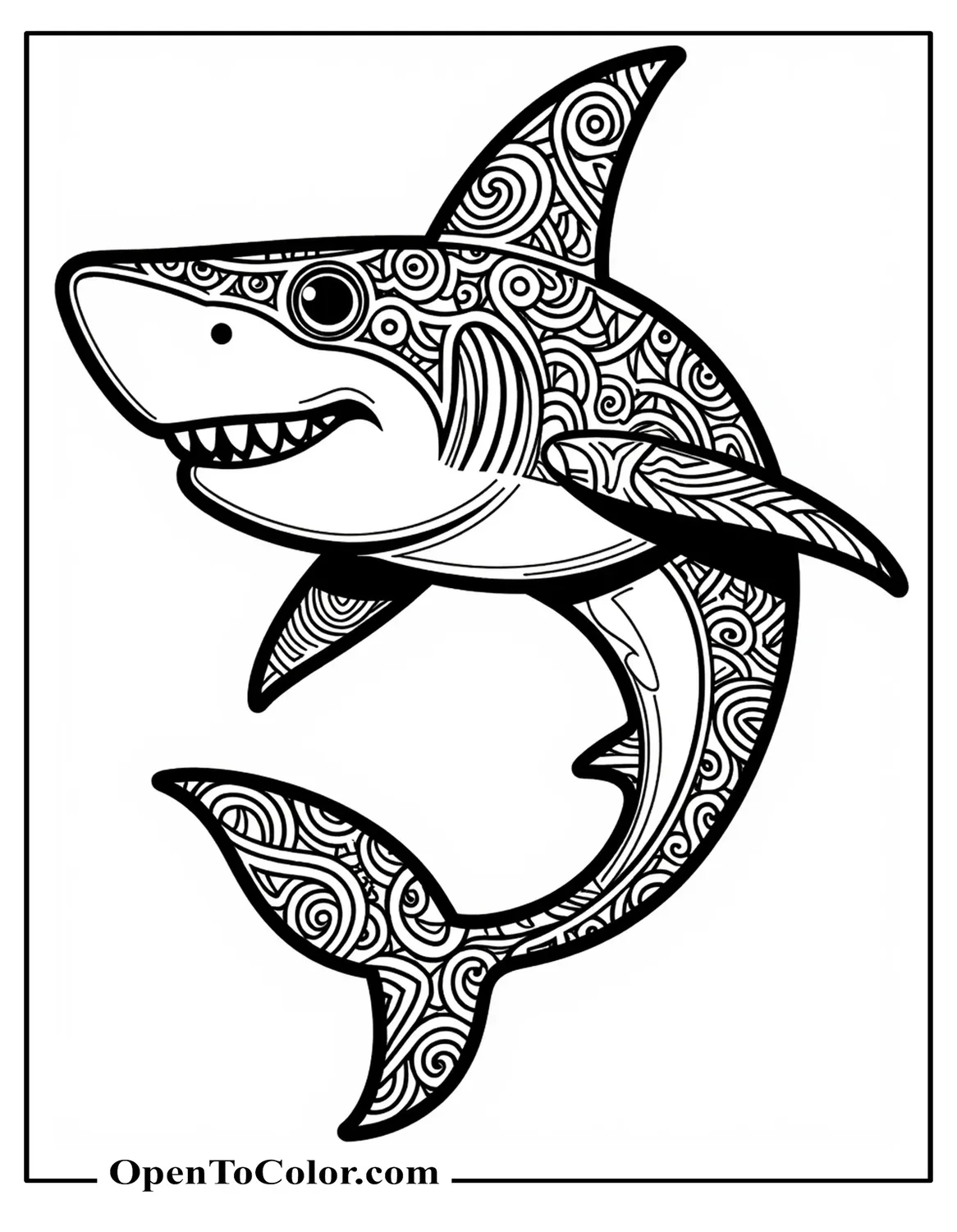 Cartoonish shark character covered in tribal tattoo style mandala patterns, printable coloring sheet.