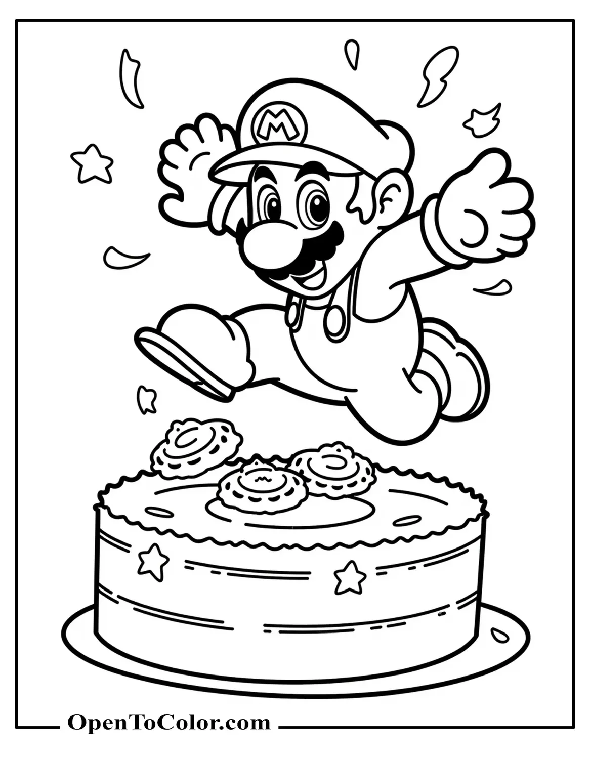 Free Coloring Sheet: Mario Jumping Over a Birthday Cake, Star Confetti