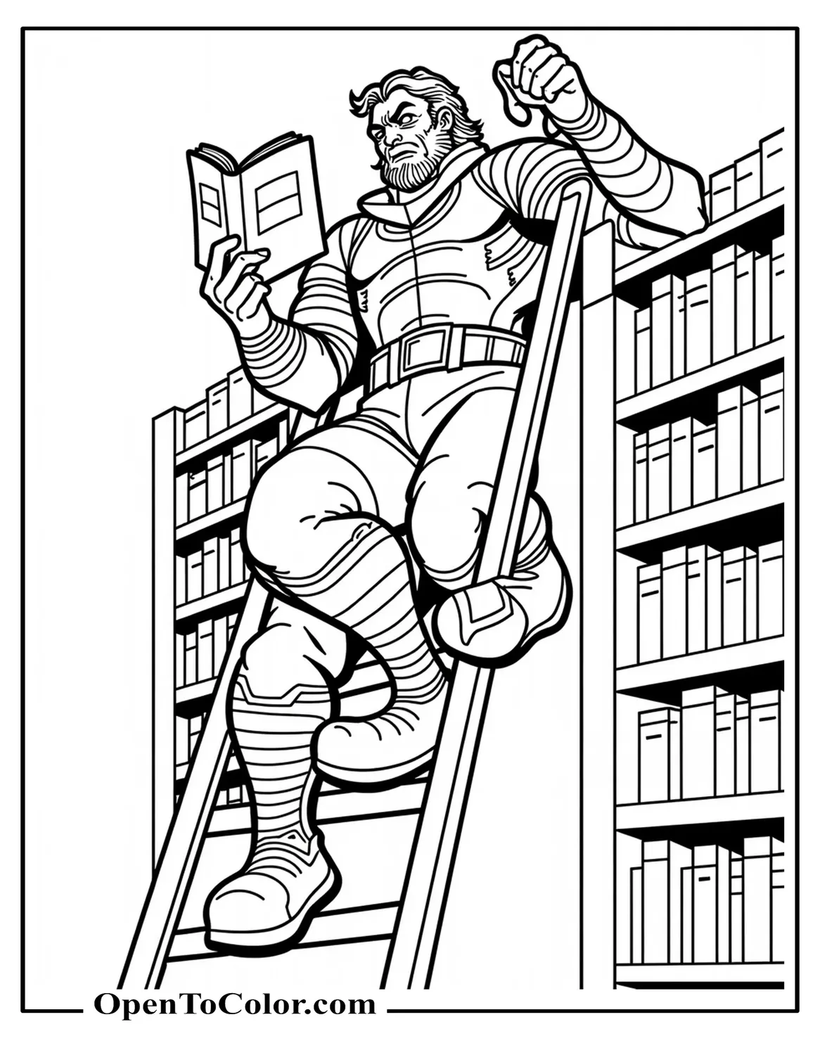 Free Marvel Avenger Beast Hanging from Library Ladder Reading Thick Tome Coloring Sheet