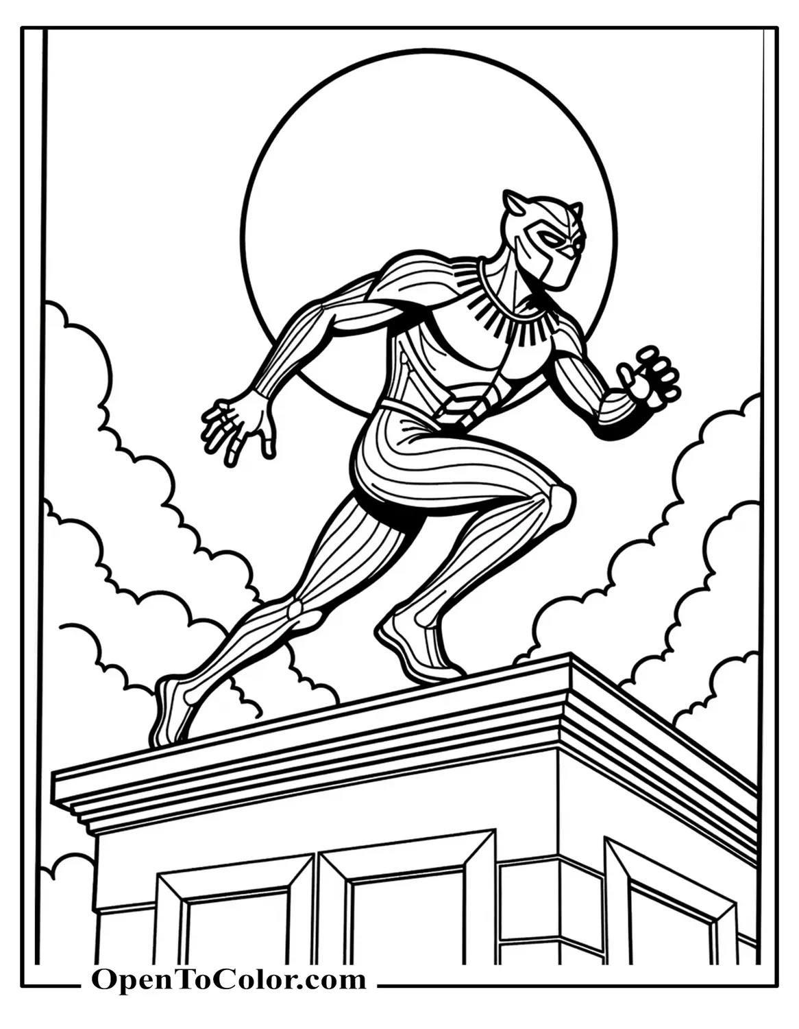 Printable coloring sheet of Marvel Avenger Black Panther sprinting across rooftop silhouette of moon behind