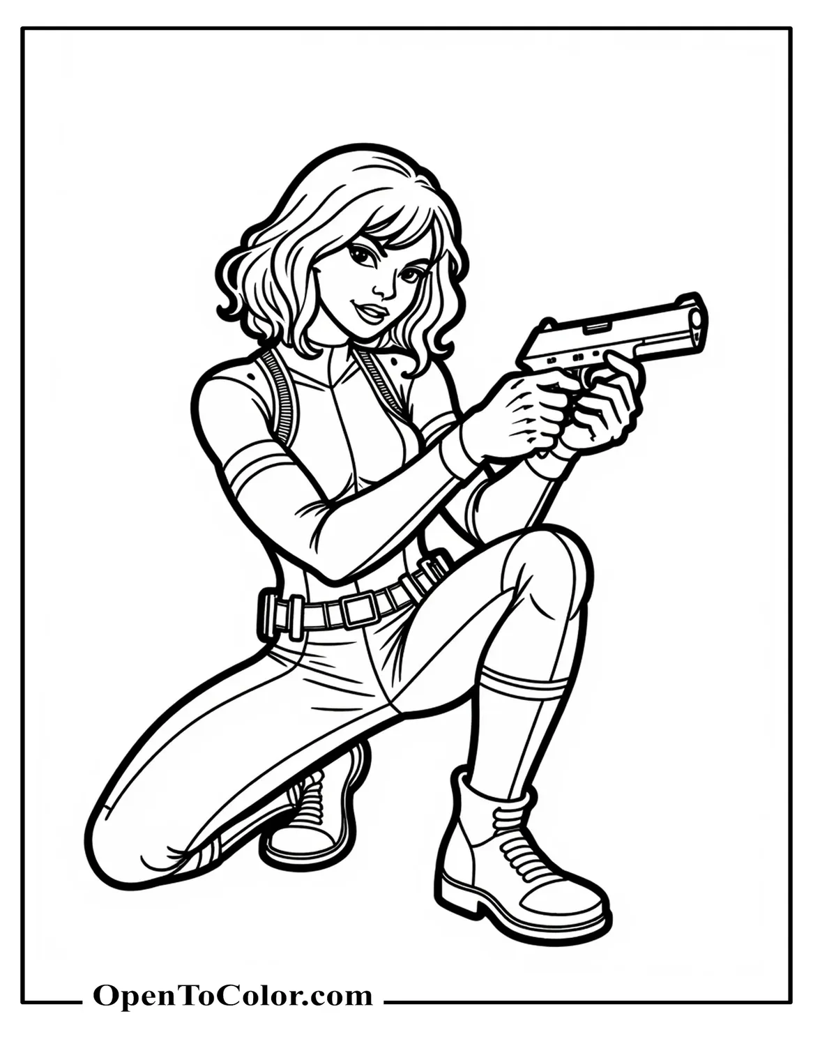 Marvel Avenger Black Widow Crouched Aiming A Pistol Upward Coloring Sheet PDF