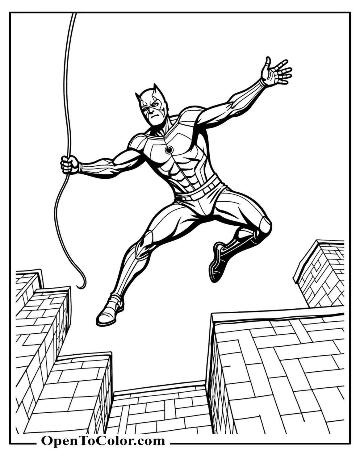 Marvel Avenger Daredevil Vaulting Off Rooftop Swinging Billy-Club Cable Arc Coloring Sheet Printable