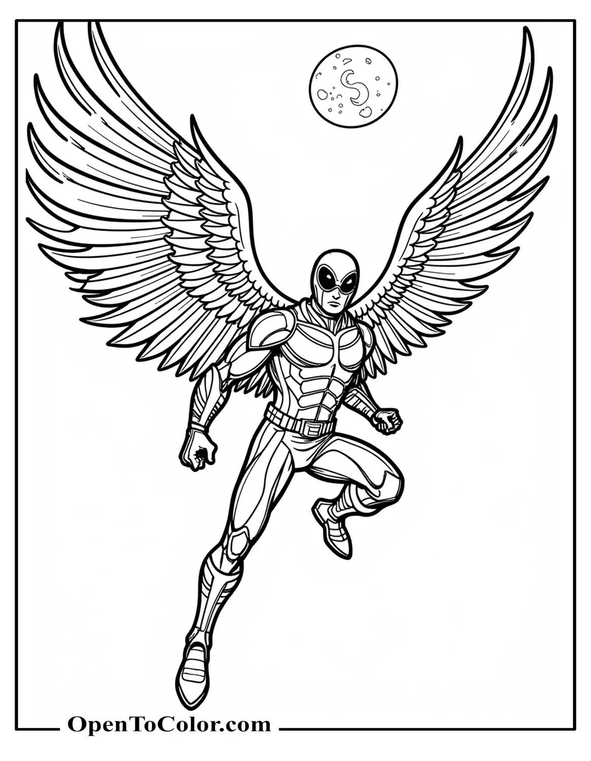 Free Marvel Avenger Darkhawk Coloring Sheet Gliding with Armored Wings Across Moonlit Night Sky