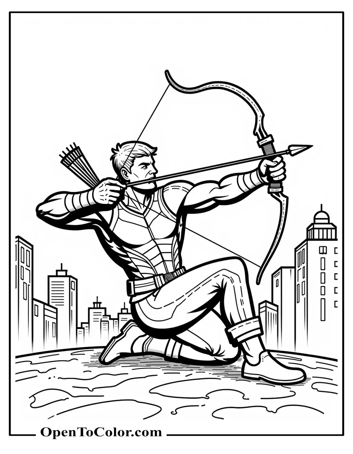 Printable Coloring Page of Marvel Avenger Hawkeye Sliding on One Knee Firing Arrow Toward Skyline