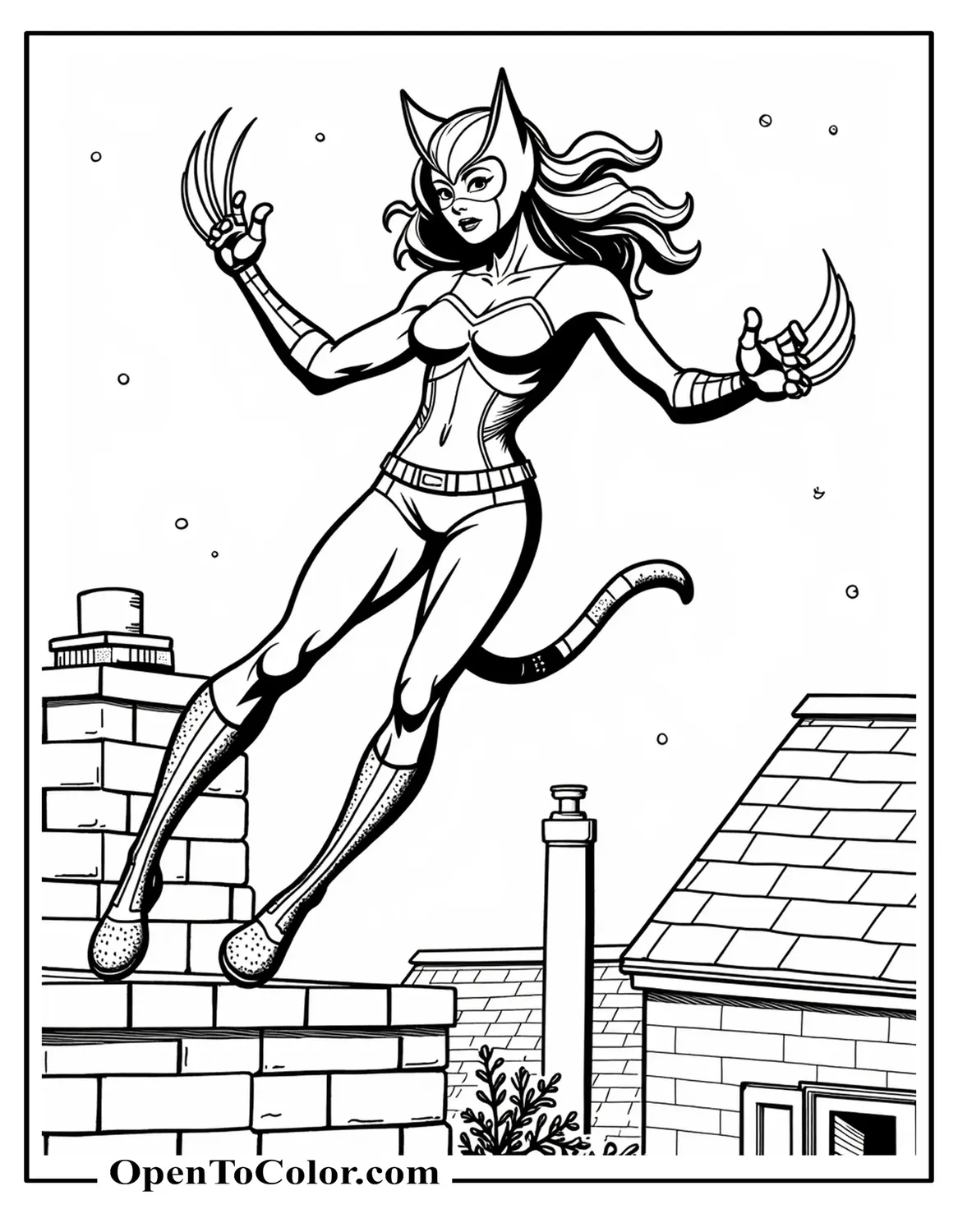 Printable Marvel Avenger Hellcat Coloring Sheet Leaping Off Chimney Claws Forward Night Sky Backdrop