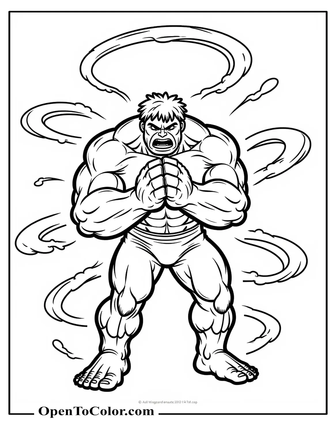 Free Coloring Page of Muscular Marvel Avenger Hulk Clapping Hands Together Generating Shockwave Rings