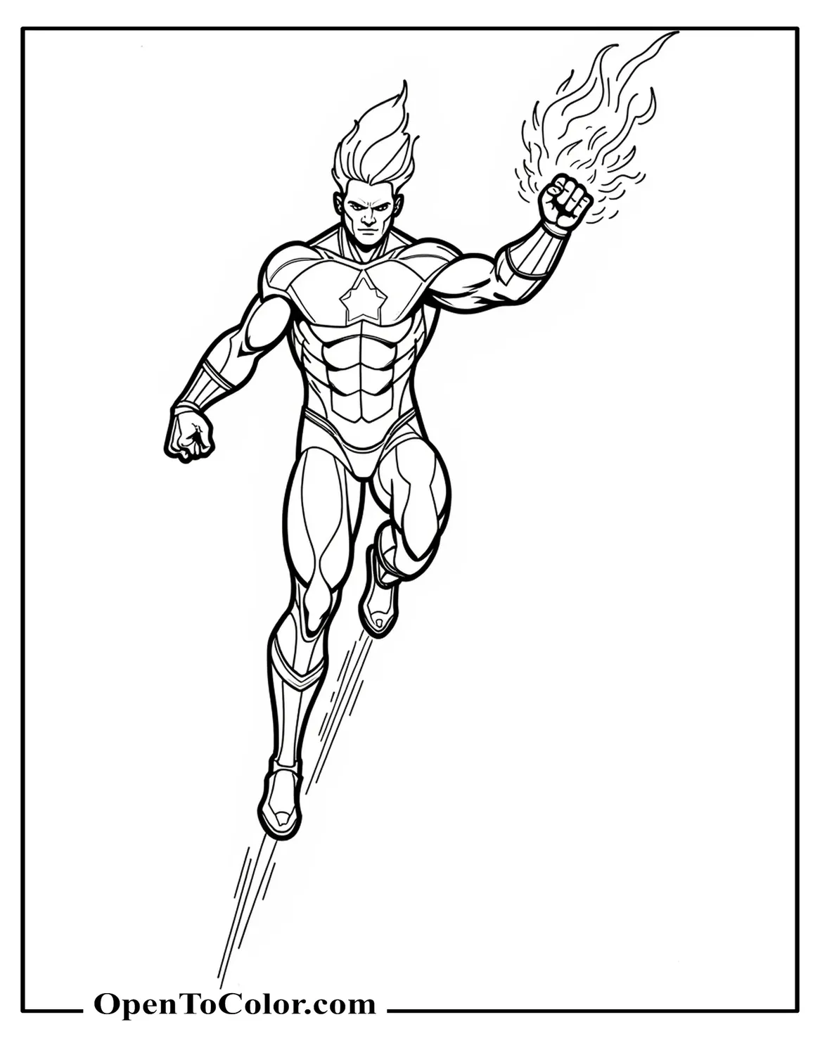 Printable coloring sheet of Marvel Avenger Human Torch flying upward leaving fiery outline silhouette trail.