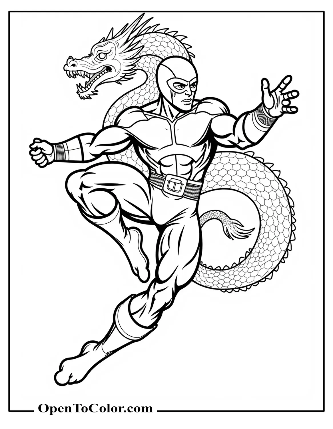 Free Marvel Avenger Iron Fist Coloring Sheet Delivering Flying Kick With Dragon Outline Behind
