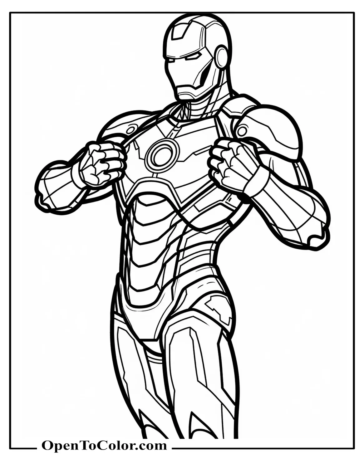 Free Coloring Sheet: Detailed Marvel Avenger Iron Man Suit Opening Chest Plate Revealing Arc Reactor