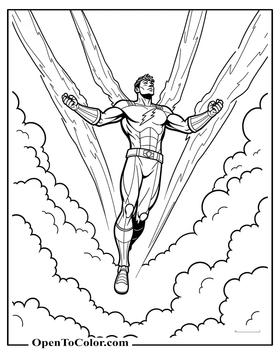 Marvel Avenger Living Lightning Soaring Through Clouds, Leaving Huge Bolt-Shaped Energy Trails Through Clouds Coloring Sheet PDF