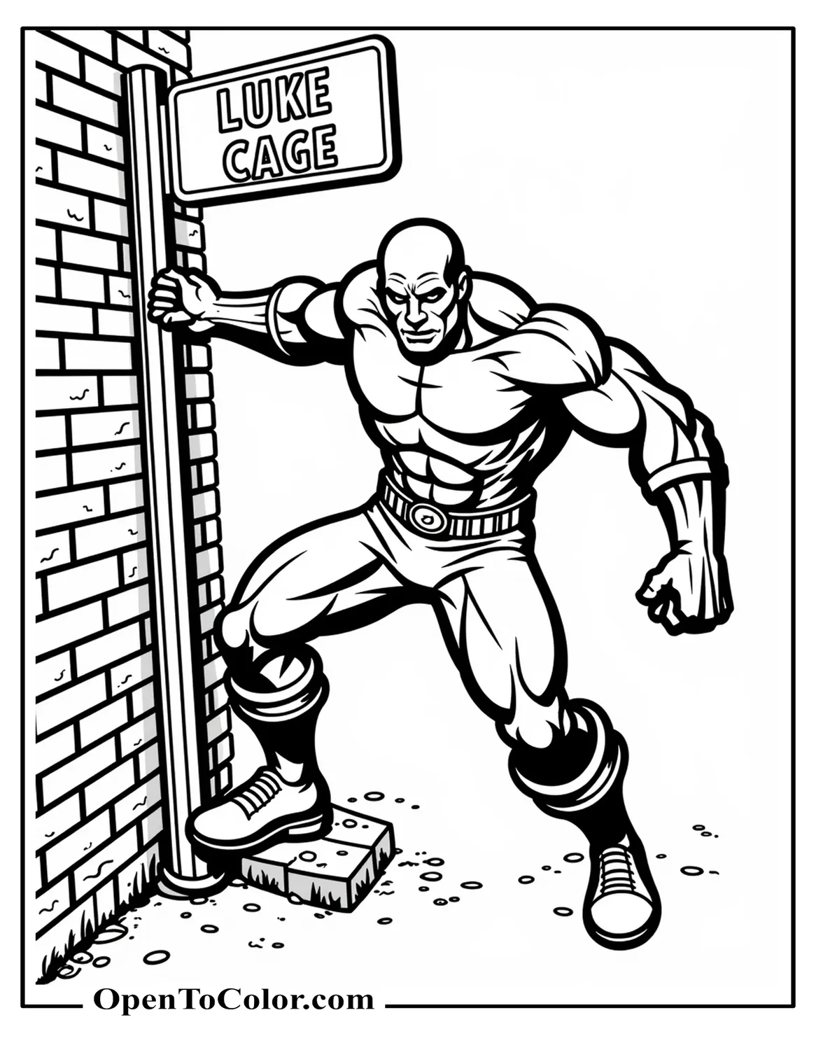 Printable Coloring Sheet of Marvel Avenger Luke Cage at Brick Wall, Street Sign Tilting