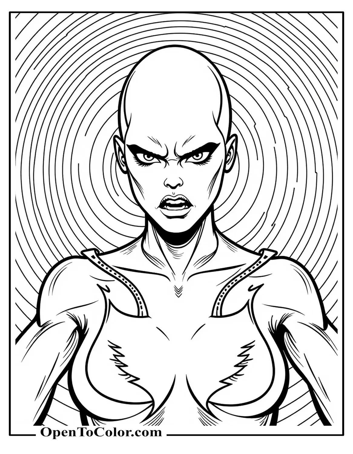 Marvel Avenger Moondragon Coloring Page Surrounded By Psychic Ripple Rings PDF