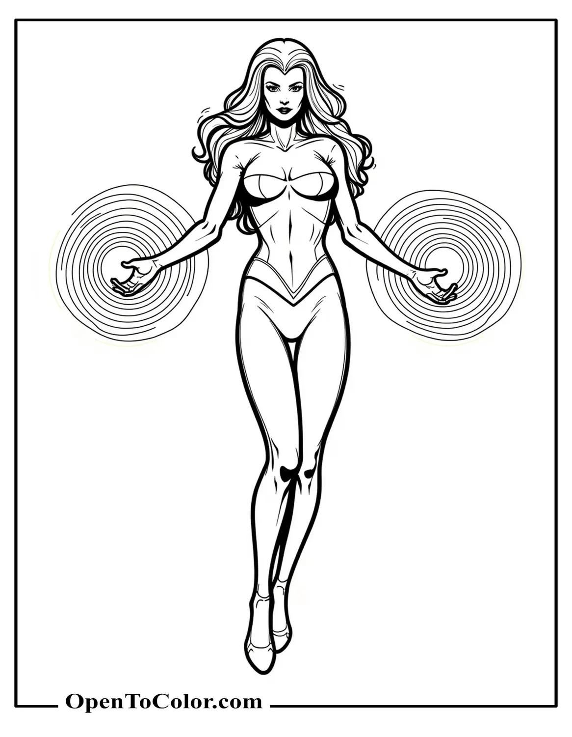 Marvel Avenger Scarlet Witch Coloring Page PDF Levitating Hands Forming Hex-Shaped Energy Rings