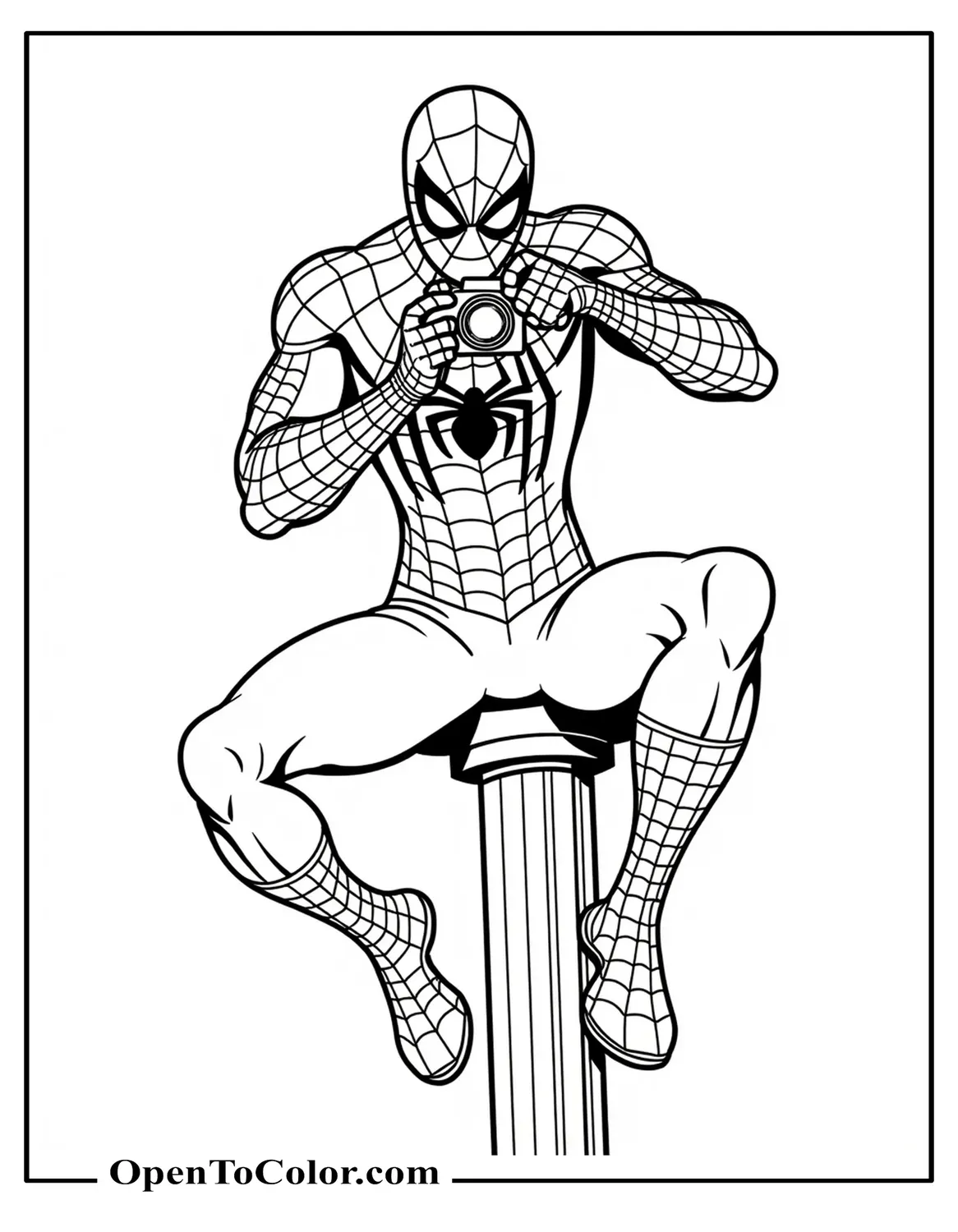 Free Marvel Avenger Spider-Man Coloring Page Perched on Lamppost Snapping Photo with Camera