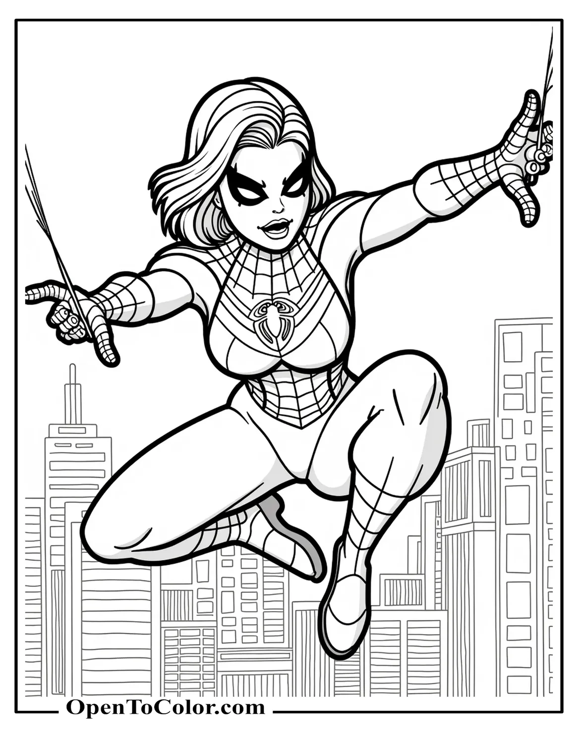 Marvel Avenger Spider-Woman Gliding on Webs Over City Skyline Coloring Sheet PDF