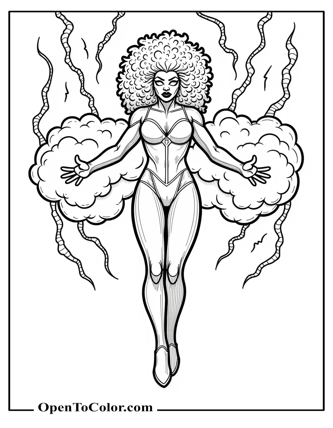 Free Marvel Avenger Storm Coloring Page (Afro-American, Big, Curly White Hair, White Eyes With Lightning Around, Two Piece Tight Suit), Hovering, Arms Wide, Summoning Swirling Clouds Overhead, Determined Expression