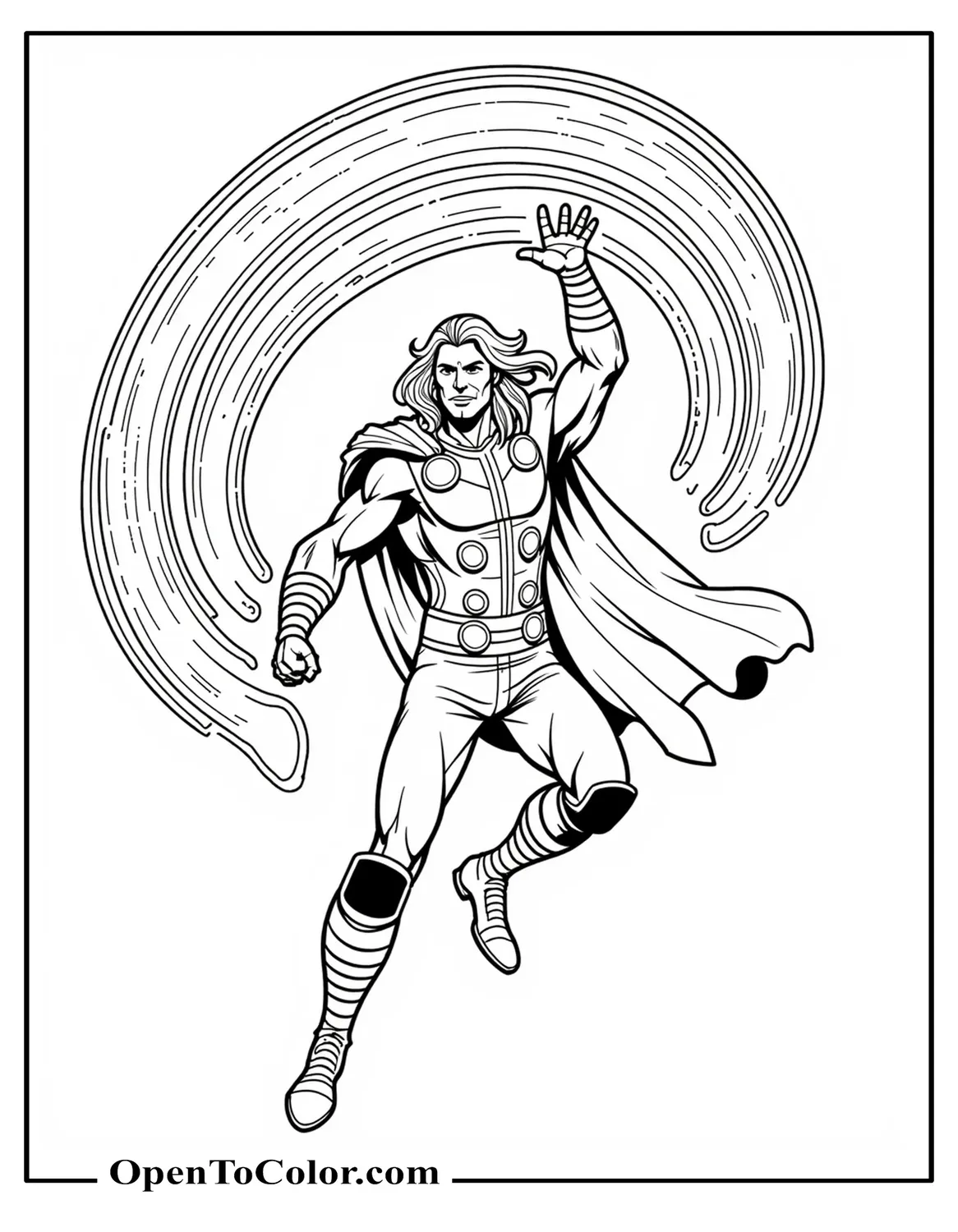 Marvel Avenger Thor Spinning Stormbreaker Overhead Creating Wind Ring Pattern Coloring Page PDF