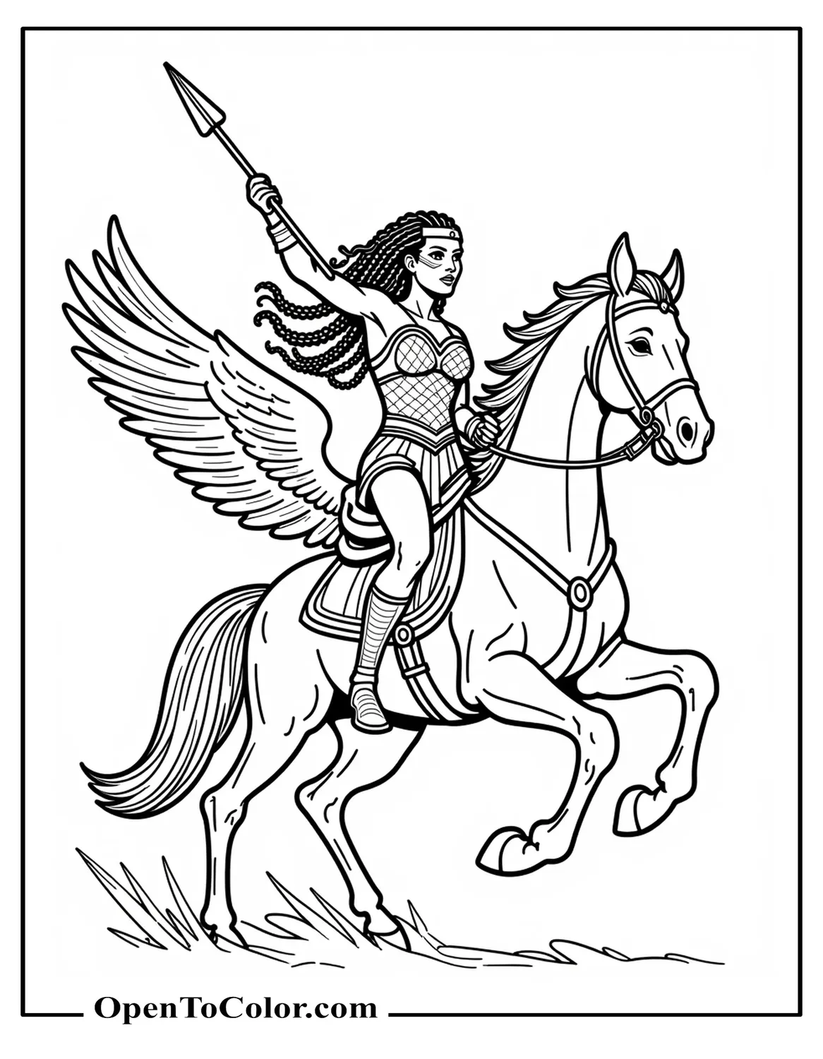 Marvel Avenger Valkyrie Charging Atop Winged Horse Silhouette Spear Raised Printable Coloring Page
