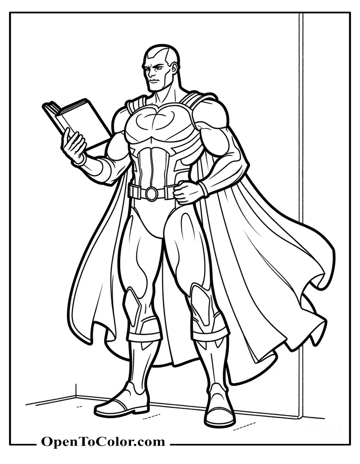 Free Marvel Avenger Vision Coloring Page with a Cape Phasing Through Wall While Holding Open Book