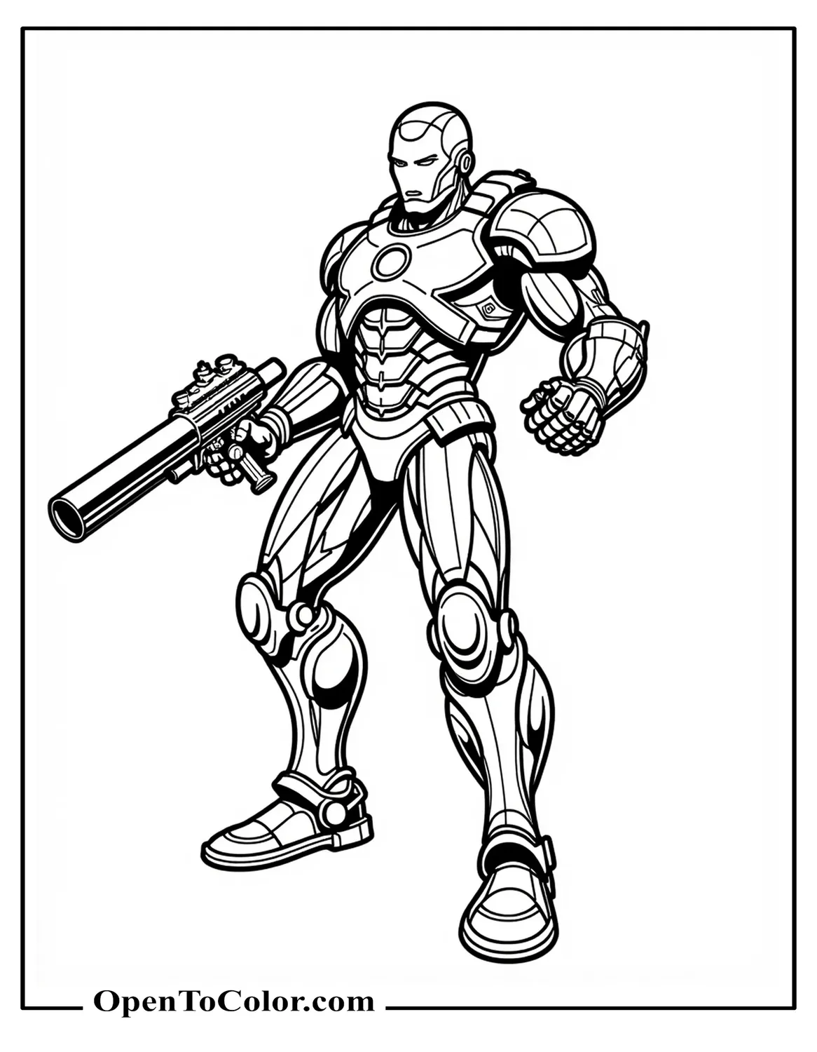 Printable Marvel Avenger War Machine Coloring Page Hovering Angled Forward Unleashing His Quad Barreled Cannon