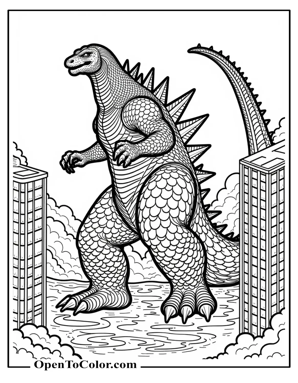 Free Realistic Mega Godzilla Colossal Armored Scales And Twin Tail Spikes Stomping Through Skyscrapers Coloring Sheet