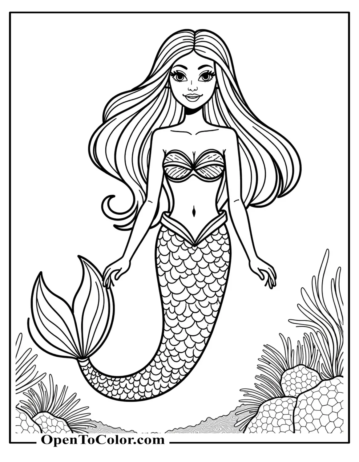 Printable Coloring Sheet of Mermaid Barbie with Long Flowing Hair and Seashell Top Underwater