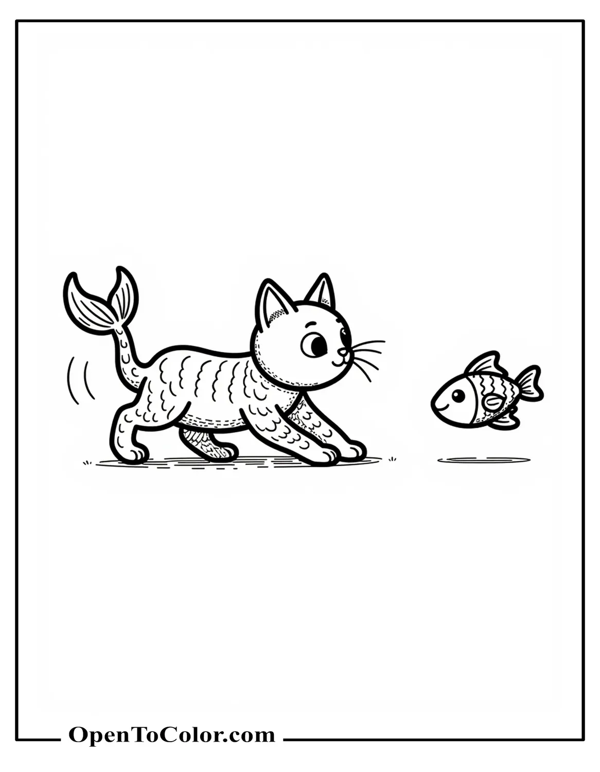 Free Coloring Page of a Mermaid with a Cat's Head and Face Sitting Upright with a Curved Tail