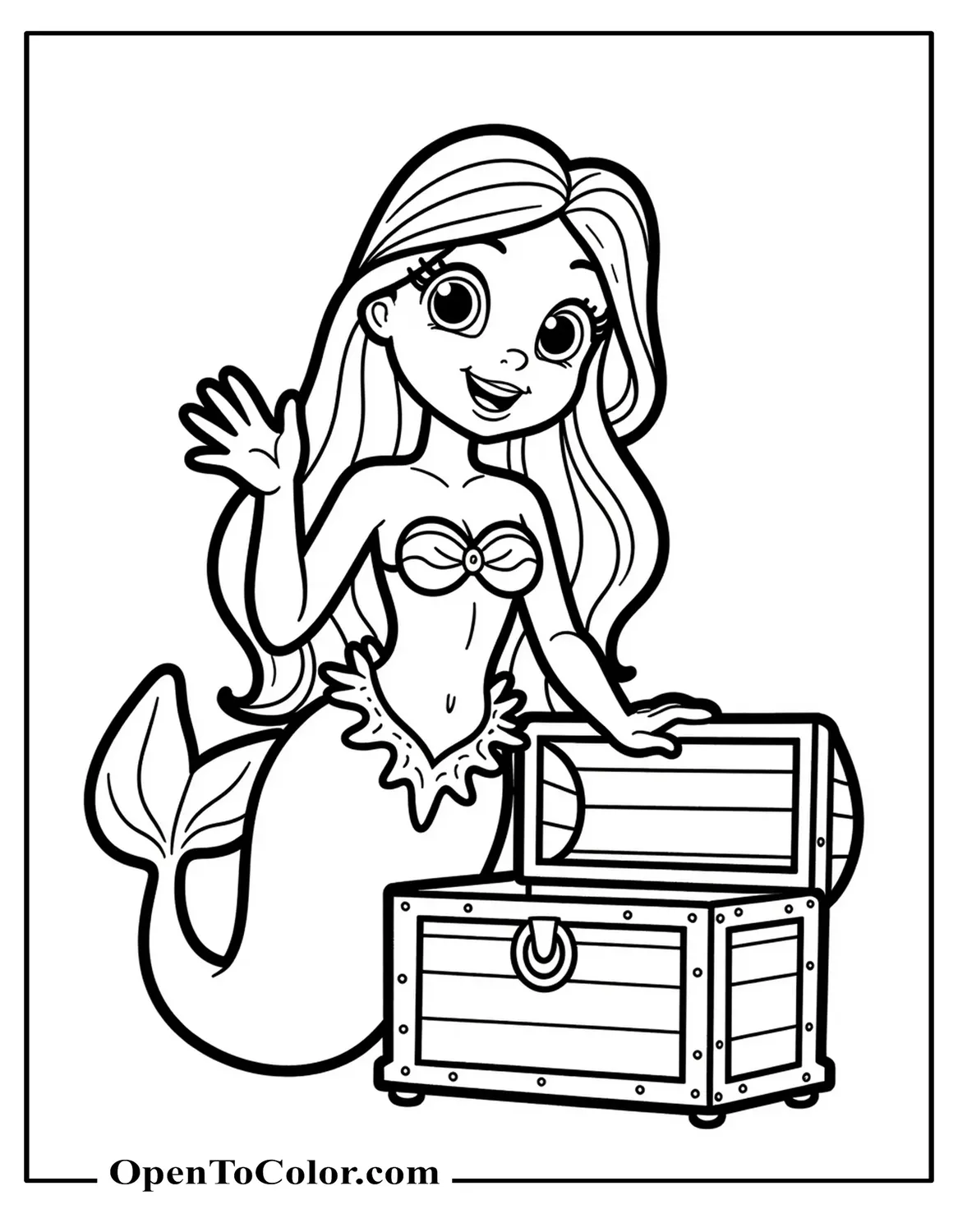 Free Coloring Page of a Smiling Mermaid with Big Eyes Waving Near a Treasure Chest