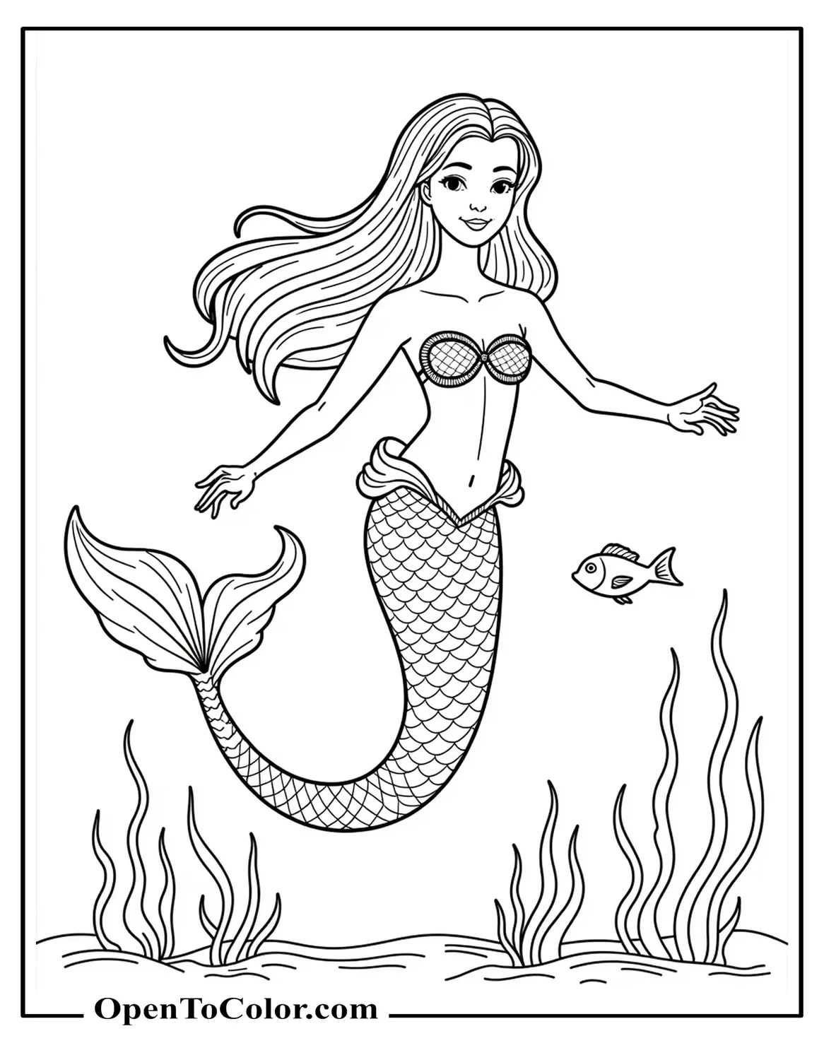 Printable Coloring Sheet of Mermaid Swimming with Small Fish and Seaweed
