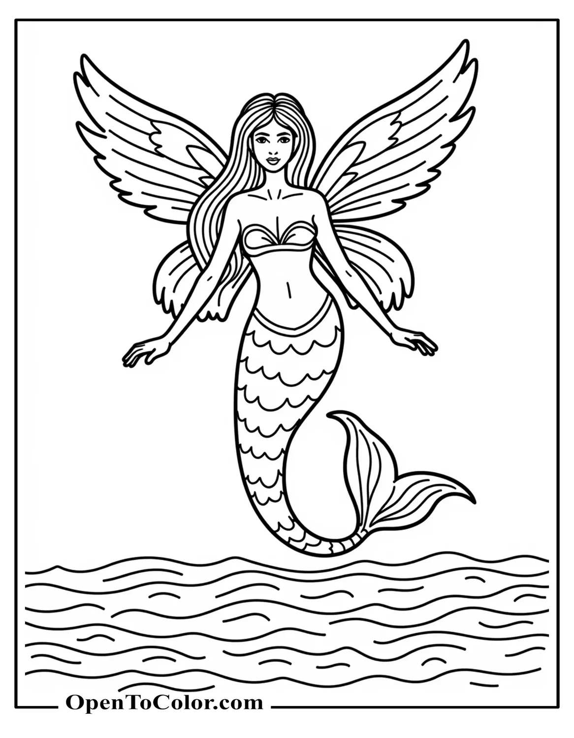 Free Coloring Page of Mermaid with Fairy Wings Hovering Above Waves