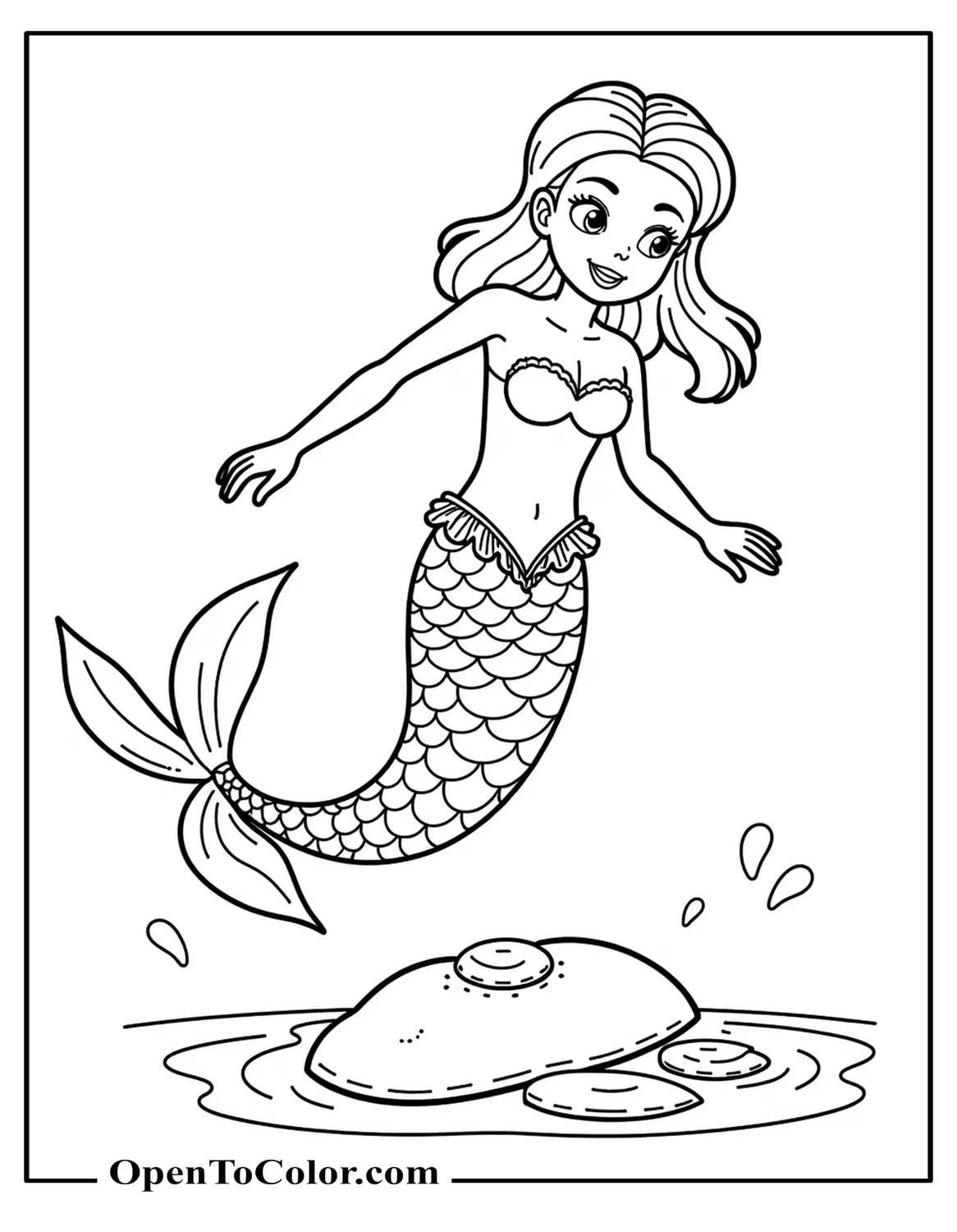 Printable Coloring Page of a Young Girl Mermaid Skipping Stones