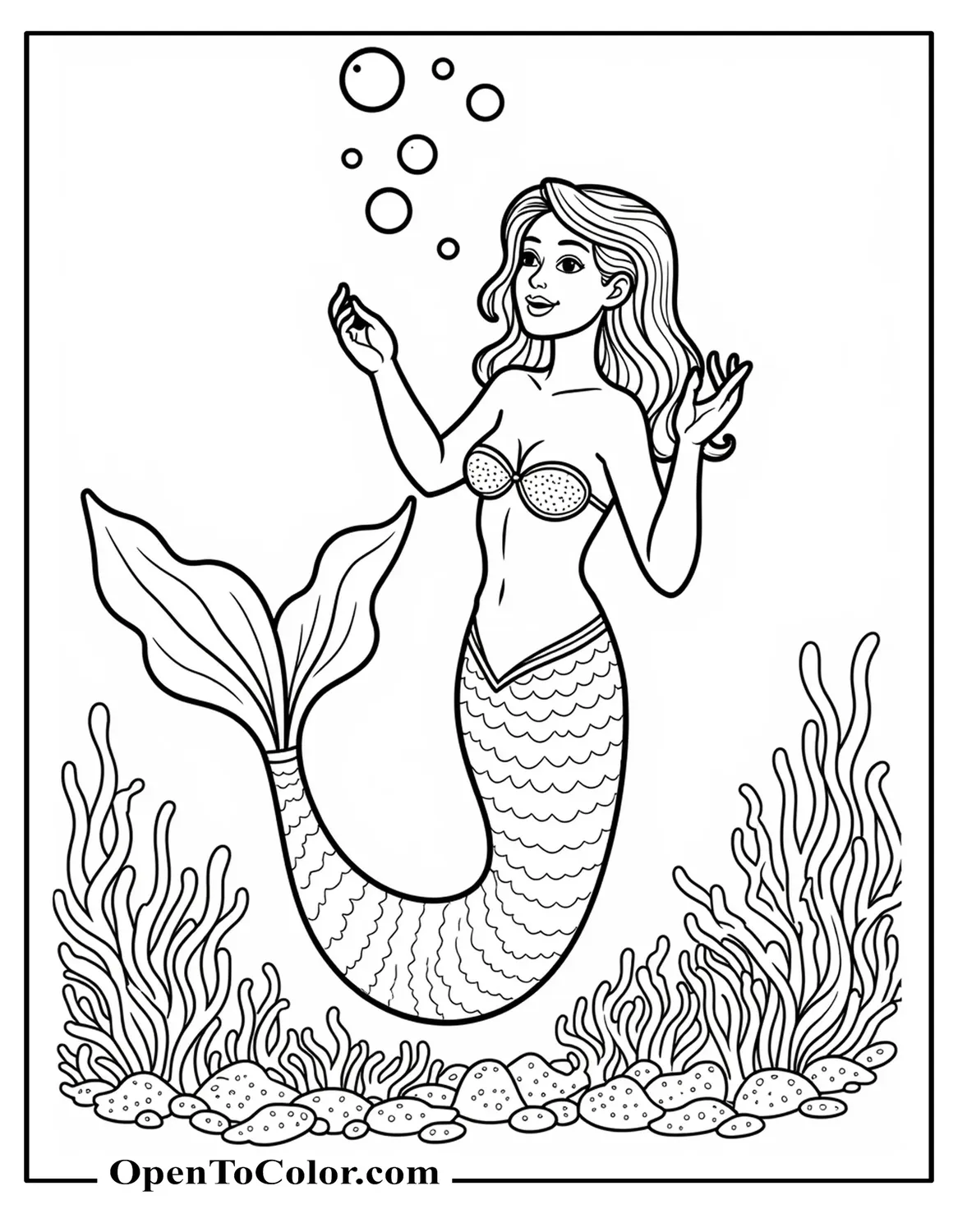Mermaid Blowing Bubbles Surrounded By Coral Coloring Sheet PDF
